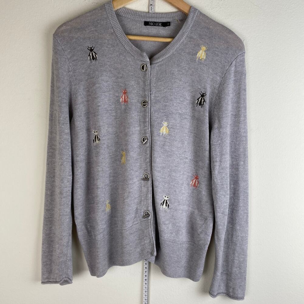 NIC + ZOE Busy Bee Embroidered Cardigan Grey Linen Blend M - Picture 8 of 14